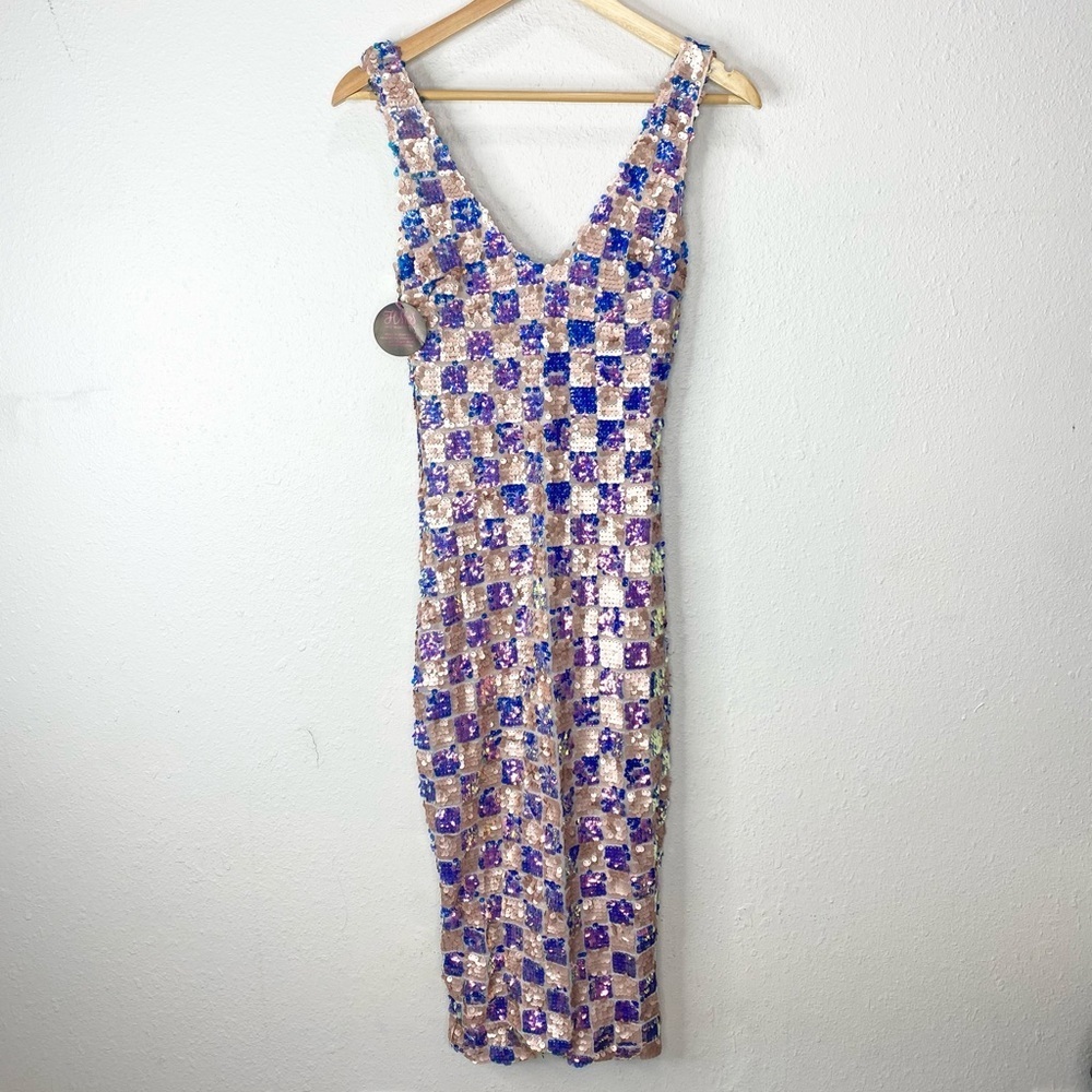 L’ATISTE Checkered Sequin Midi Dress In Multicolor Small NWT - Picture 6 of 13